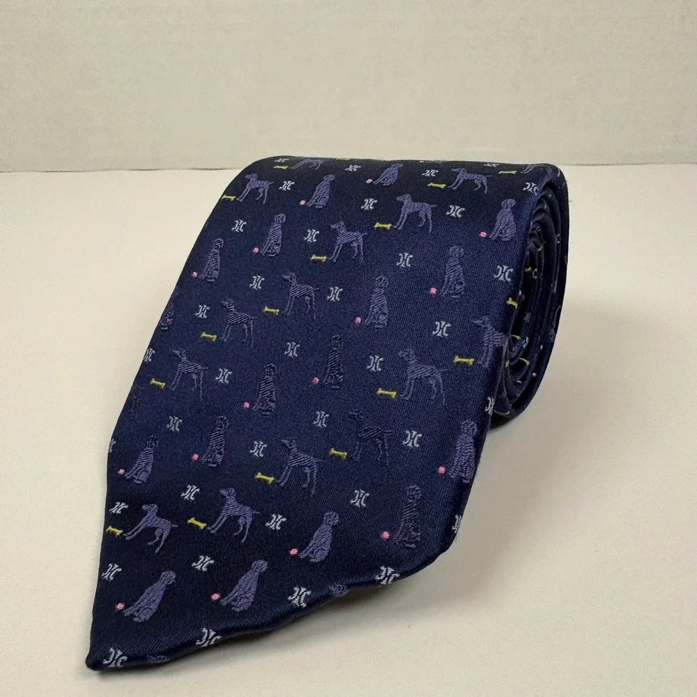 Celine Paris Mens Silk Tie Navy Blue Dog Bone Macadam Triomphe Logo Italy